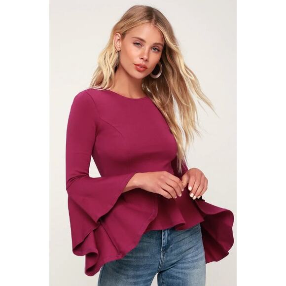 Lulu's Drama Mama Magenta Flounce Bell Sleeve Peplum Blouse M NWT - Picture 1 of 6